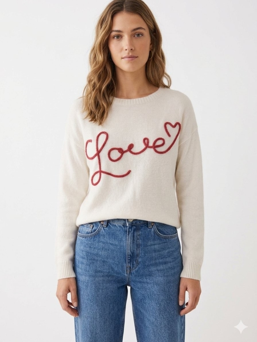 33 Degrees White Crewneck Sweater with Red 'Love' Script